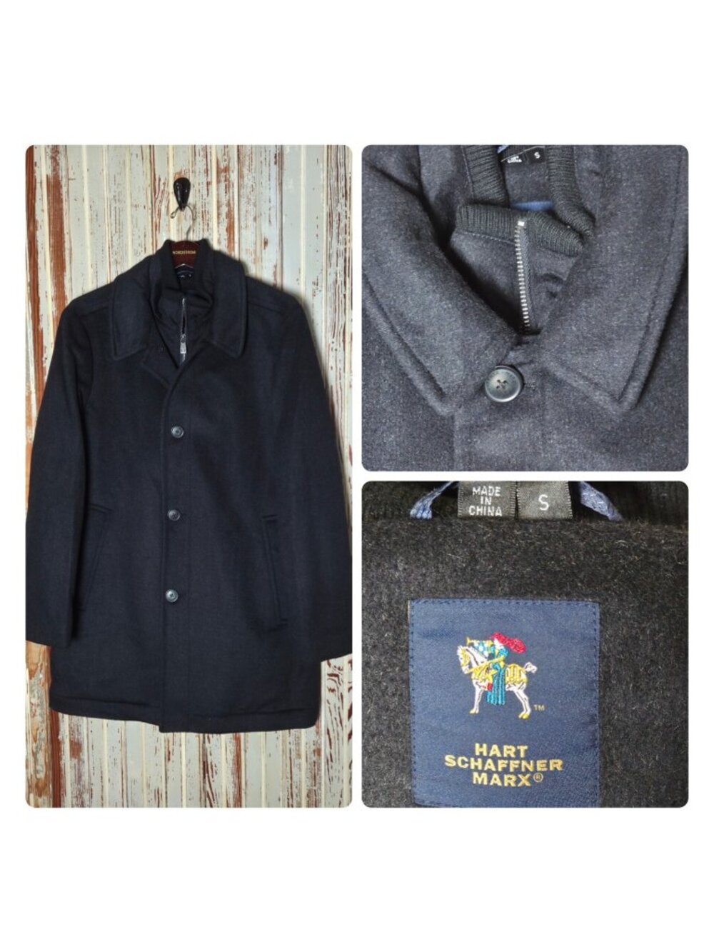 Hart Schaffner Marx Wool Blend Car Coat Mens Small Black Double Collar
